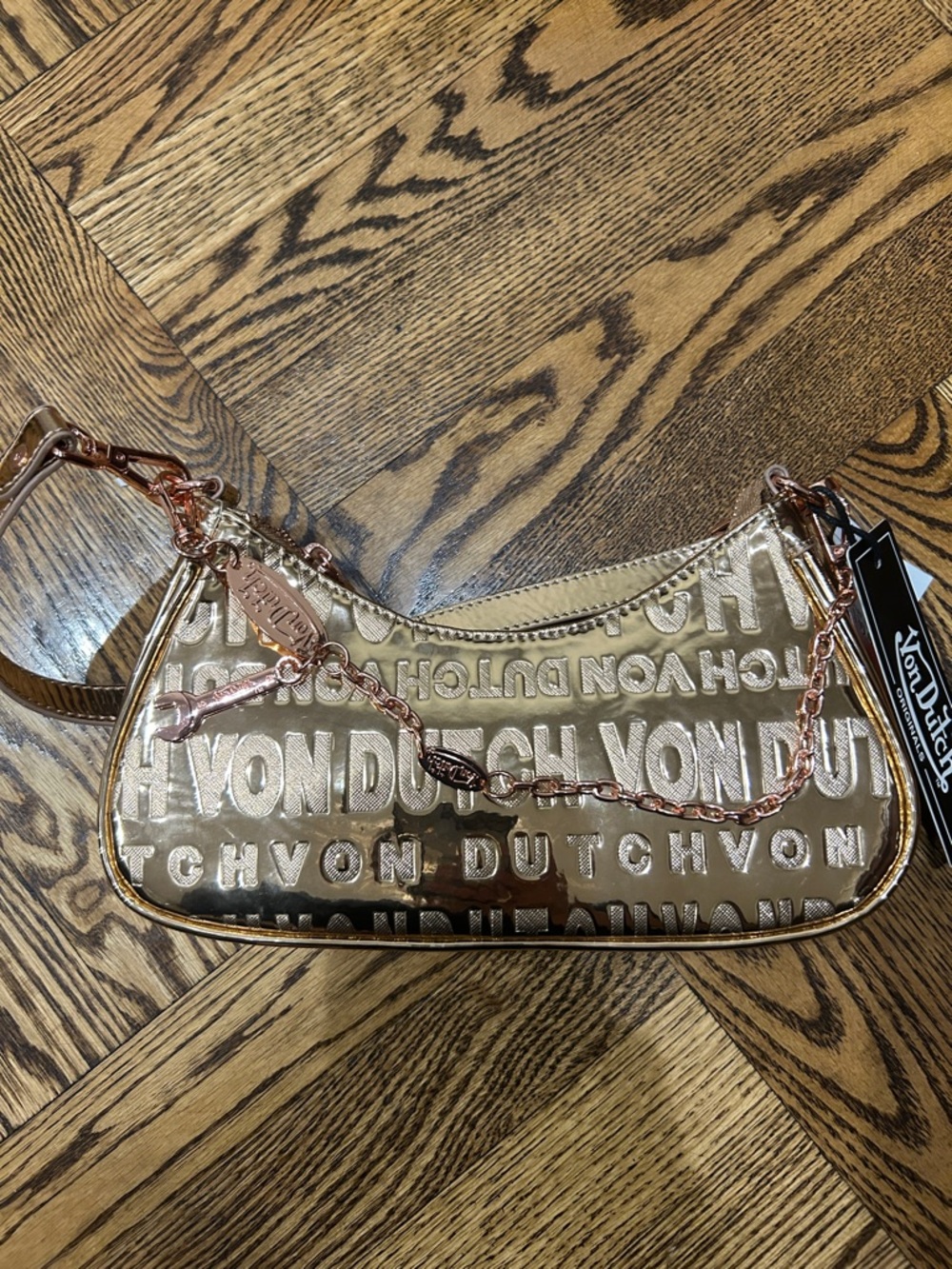 Von Dutch Metallic Rose Gold Shoulder Bag with Embossed Logo